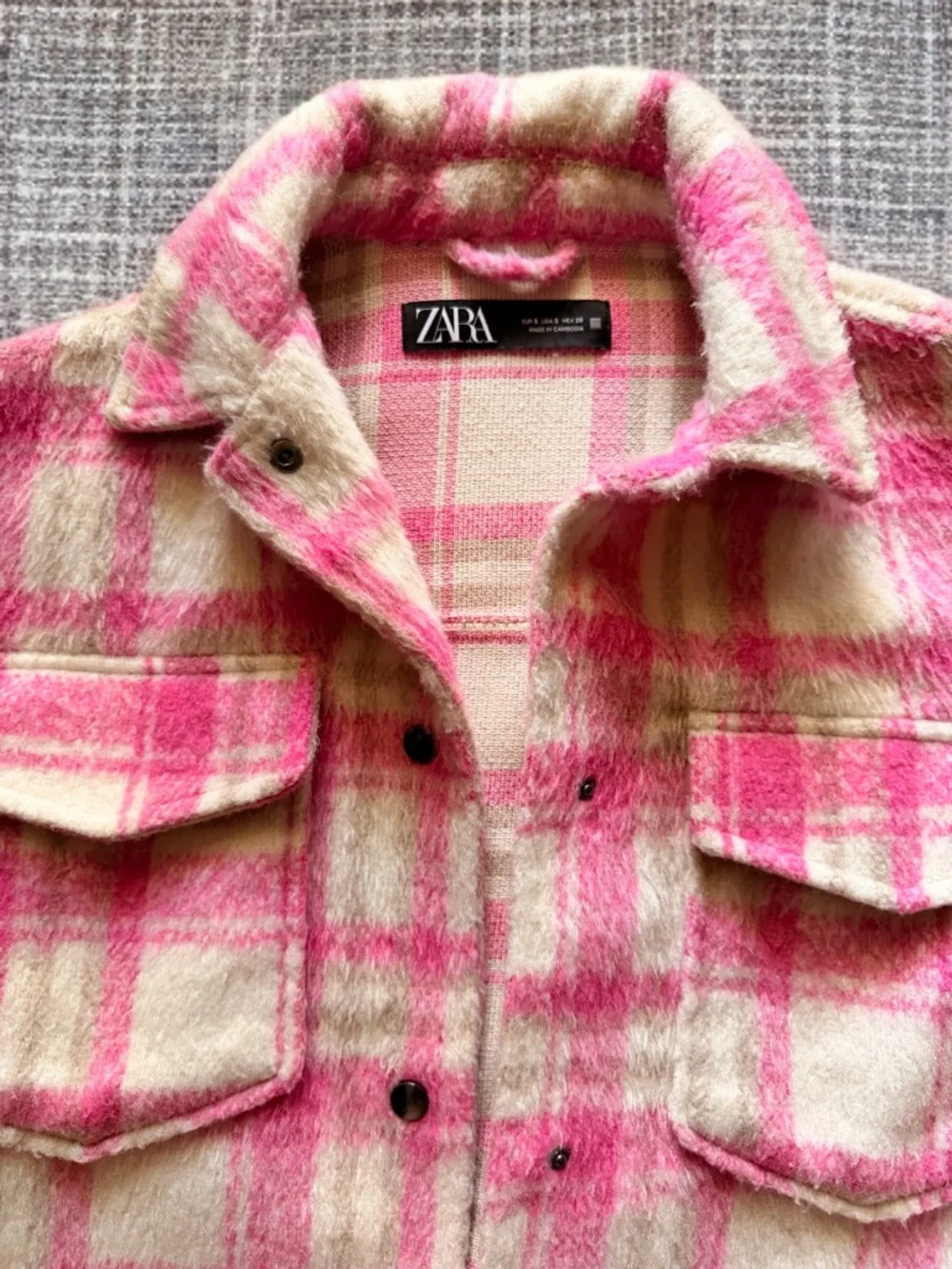 ZARA Pink and Cream Plaid Wool-Blend Shacket - Picture 3 of 5